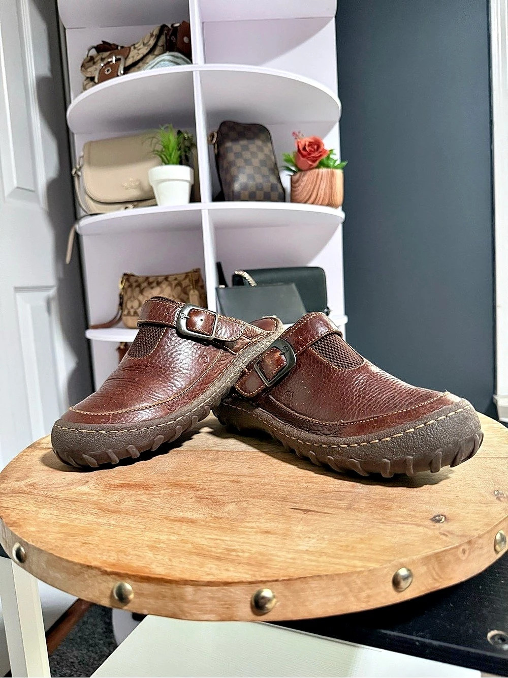 Born Brown Leather Clogs Womens 6.5 Buckle Mary Jane Mule Comfort Shoes - Picture 4 of 9